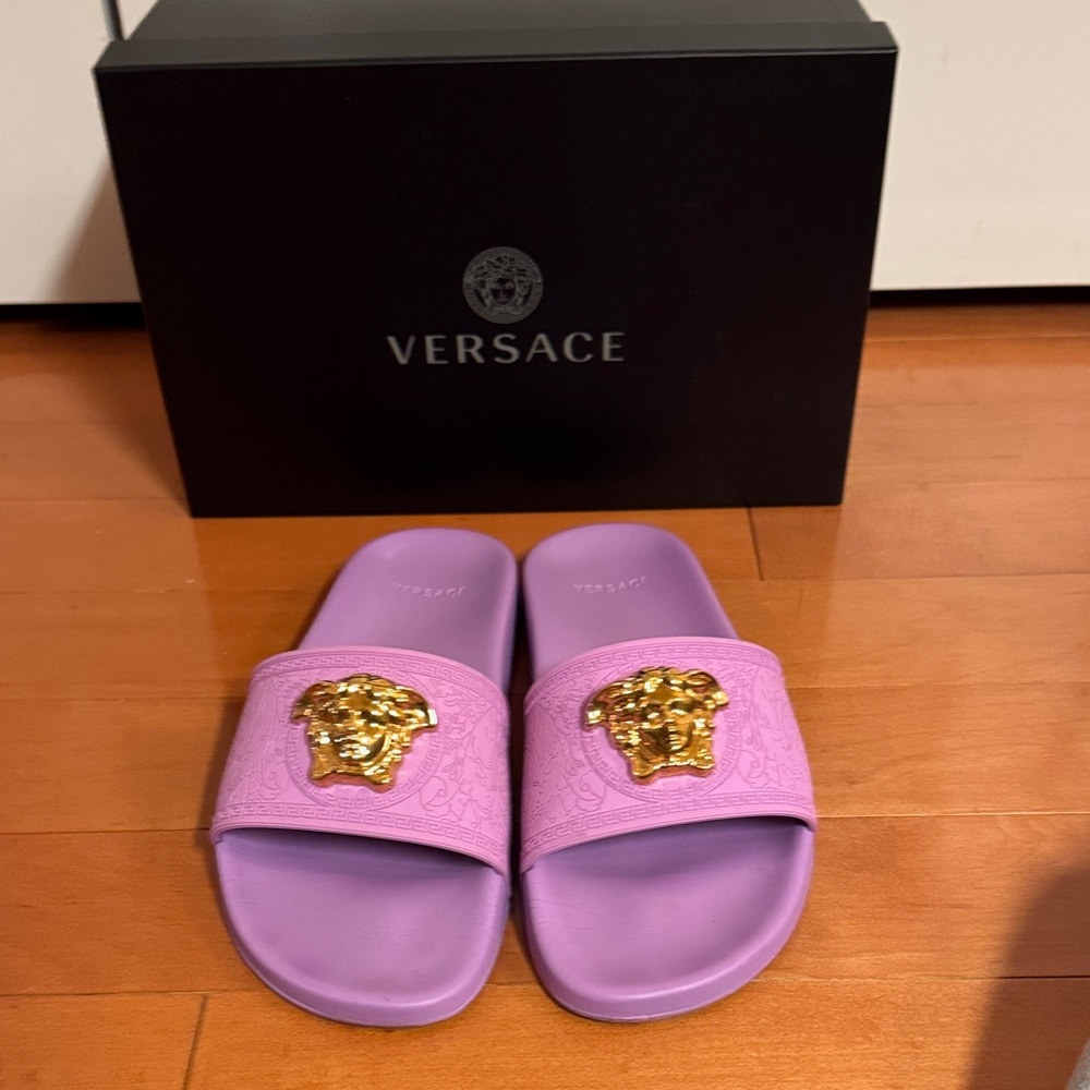 Versace Lavender Slides with Gold Medusa